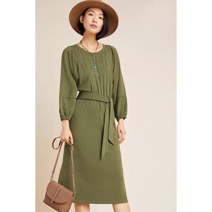 Anthropologie Green Long Sleeve Belted Midi Dress Size L